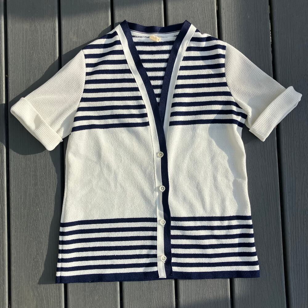 Vintage 90s blue and white striped V neck knit button up top, coastal preppy